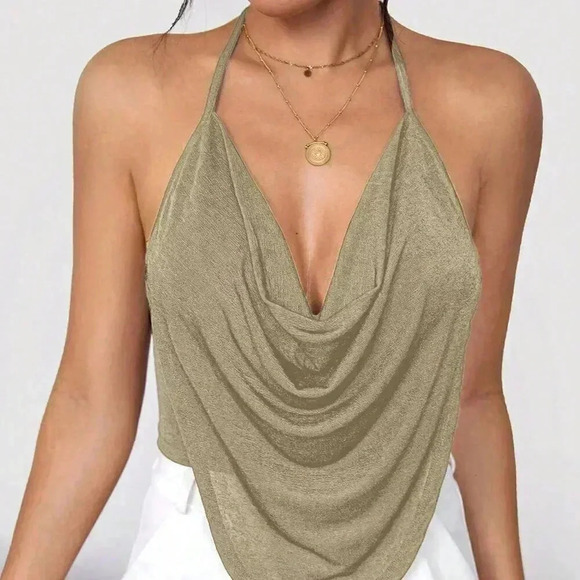 Khaki Sexy Women's Concert Draped Front Backless Party Halter Top - Picture 4 of 6